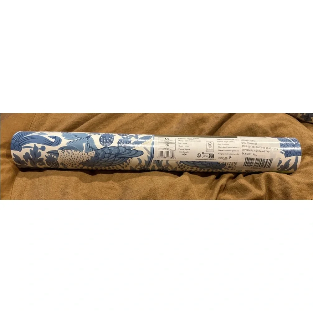 New Anthropologie Morris & Co. Strawberry Thief Birds Wallpaper blue and white